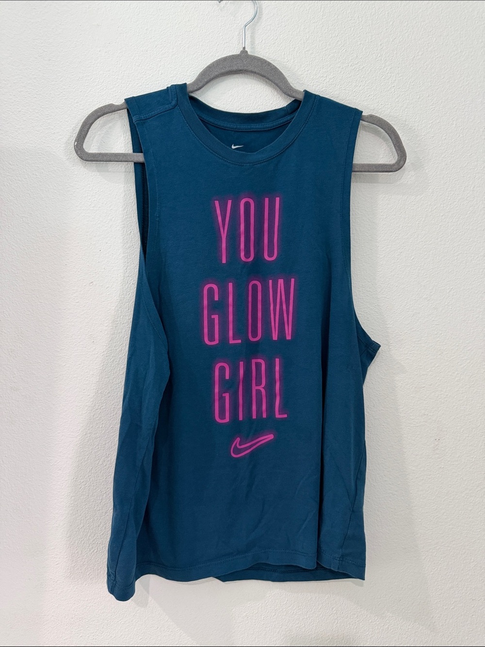 🔥 Nike Teal Muscle Tank with Hot Pink Vertical 'YOU GLOW GIRL' Print MEDIUM